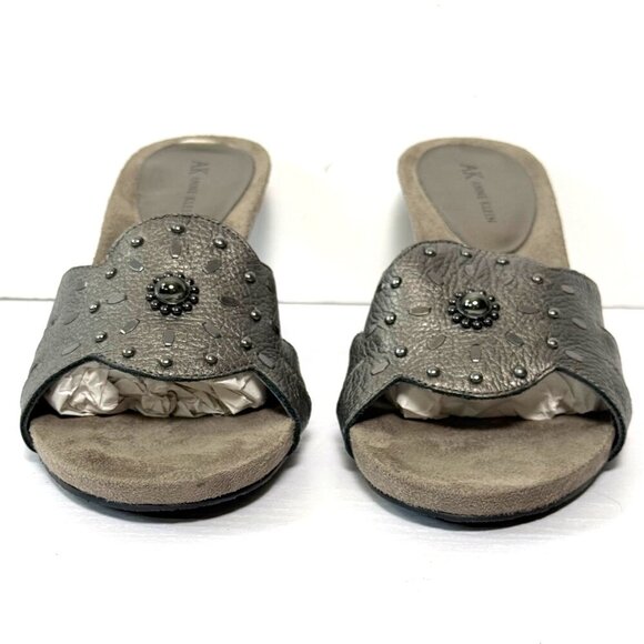 AK Anne Klein Sandals Sz 9M Pewter Leather Studded Cricket Slip On Heels - Picture 5 of 9